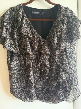 Ralph Lauren Black Floral Ruffle V-Neck Blouse with Pink & Cream Accents